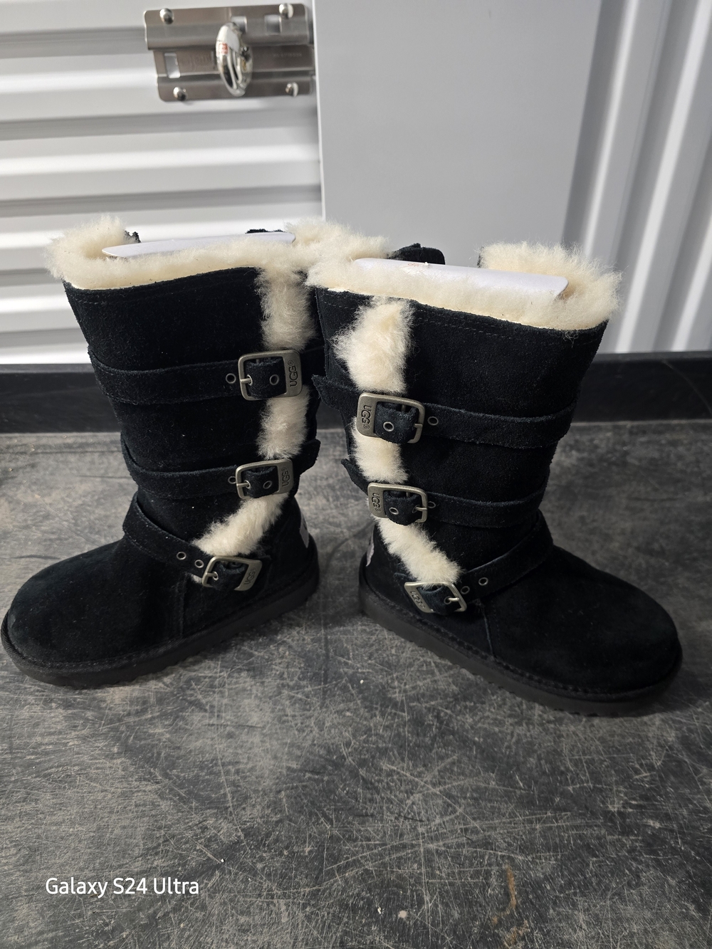 UGG Black Suede Mid-Calf Shearling Buckle Boots